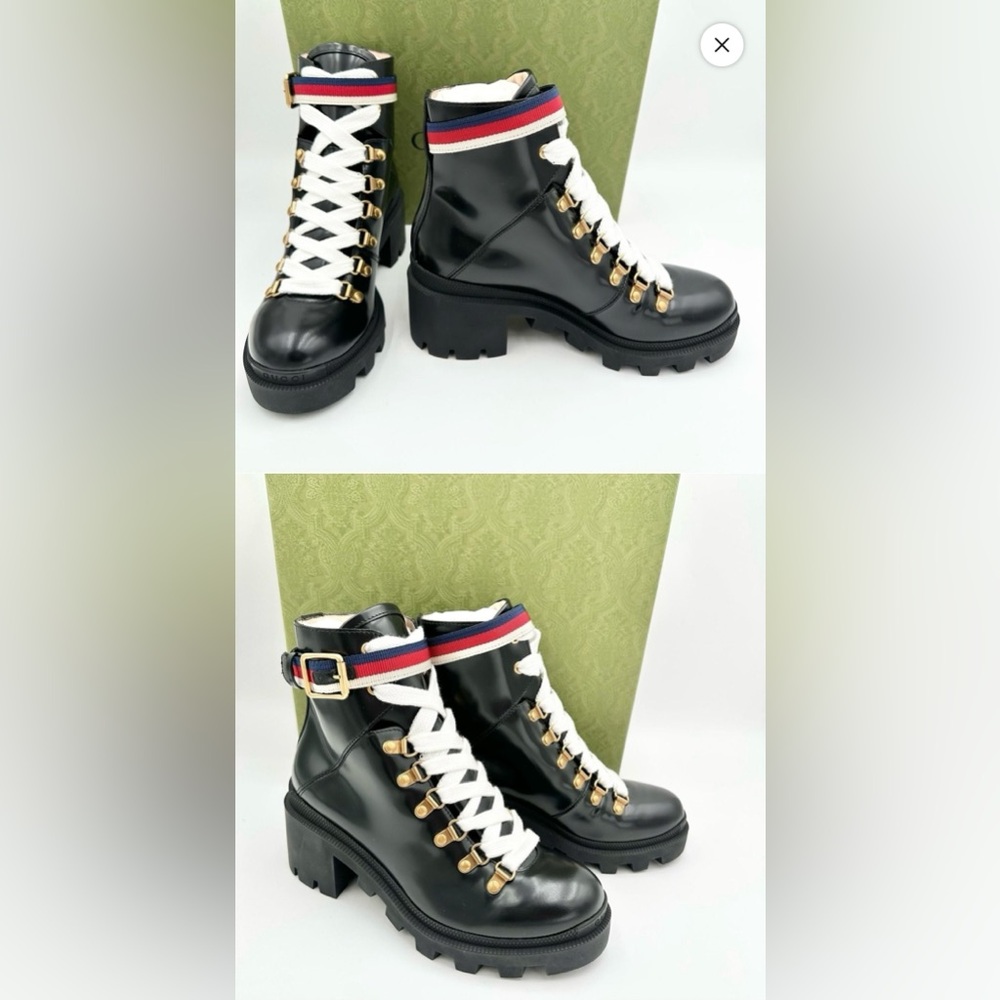 Gucci Sylvie Web Leather Ankle Boots